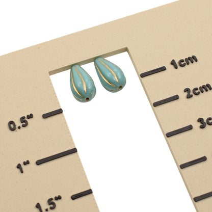 Turquoise Teardrop Beads Gold Wash: 8-Pack Czech Glass Raven's Journey 13x8mm