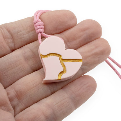 Kintsugi Heart Necklace: Pink Wearable Art Inspiration Gift Handmade Pendant