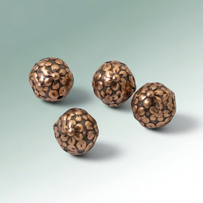 Copper Floral Beads 4-Pack, Nature Flower Design 8mm, Wedding Bridal Jewelry