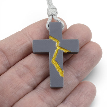 Gray Kintsugi Cross Necklace, Inspirational Wearable Art, Handmade Pendant, Meaningful Gift, Japanese Philosophy Jewelry