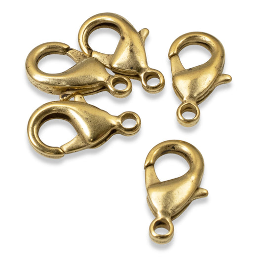 5 Antique Gold Lobster Claw Clasps - 8x15mm for Jewelry Making - Nunn Design