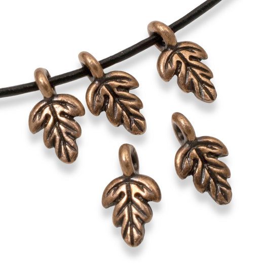 5 Petite Antique Copper Oak Leaf Charms - Detailed & Large Hole for Leather Cord