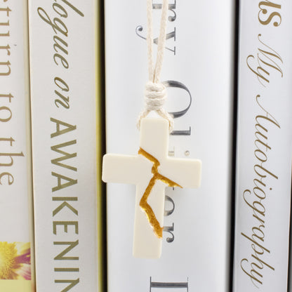 Ivory Kintsugi Cross Necklace, Inspirational Wearable Art, Handmade Pendant, Meaningful Gift, Japanese Philosophy Jewelry