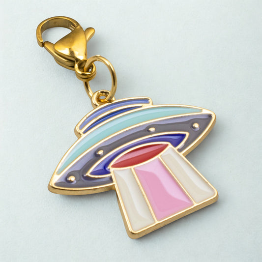 UFO Clip On Charm, Enamel Spaceship Sci-Fi Accessory, Retro Space Lover Gift