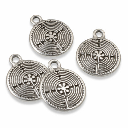 4 Silver Labyrinth Charms, TierraCast Double-Sided Maze for DIY Jewelry