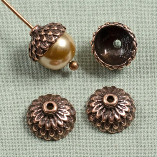 4 Antique Copper Acorn Bead Caps, TierraCast Design for Autumn and Fall Jewelry
