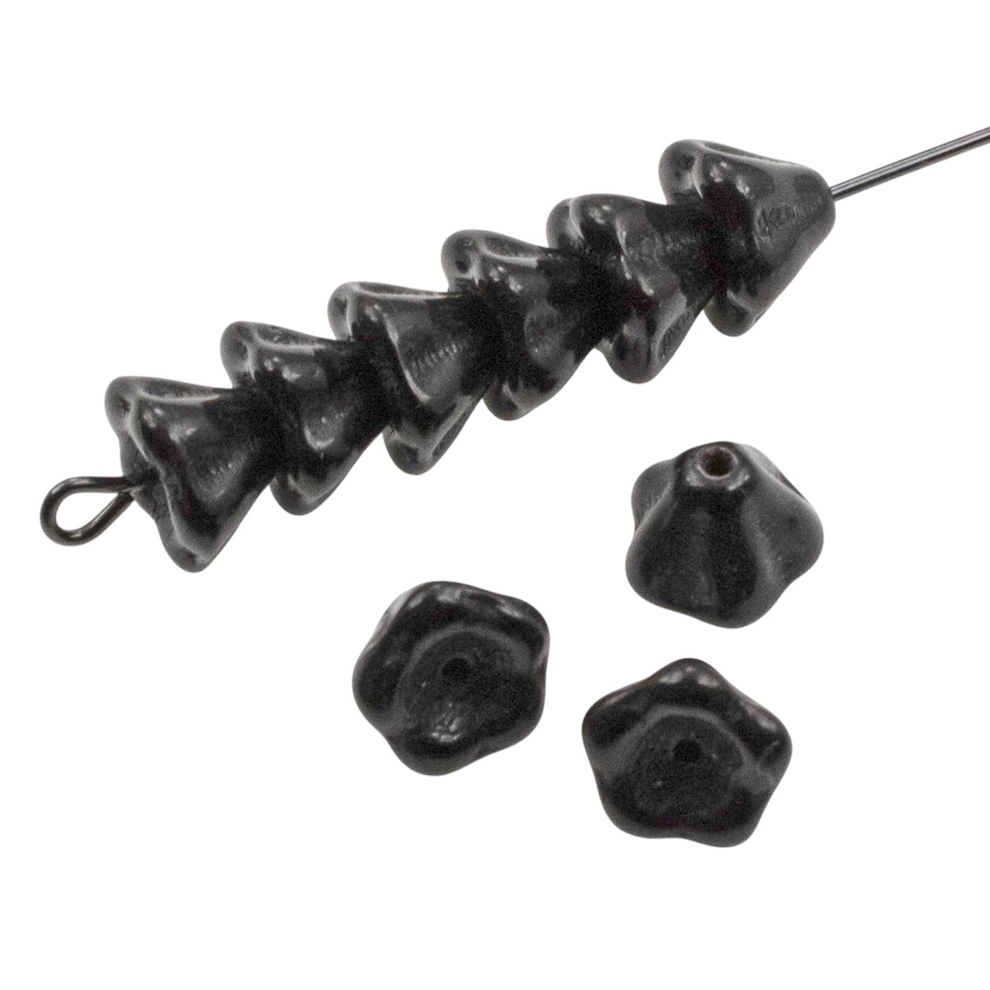 Jet Black Bell Flower Beads: Czech Glass 6x8mm 50-Pack for Jewelry Making