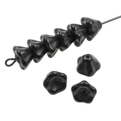 Jet Black Bell Flower Beads: Czech Glass 6x8mm 50-Pack for Jewelry Making