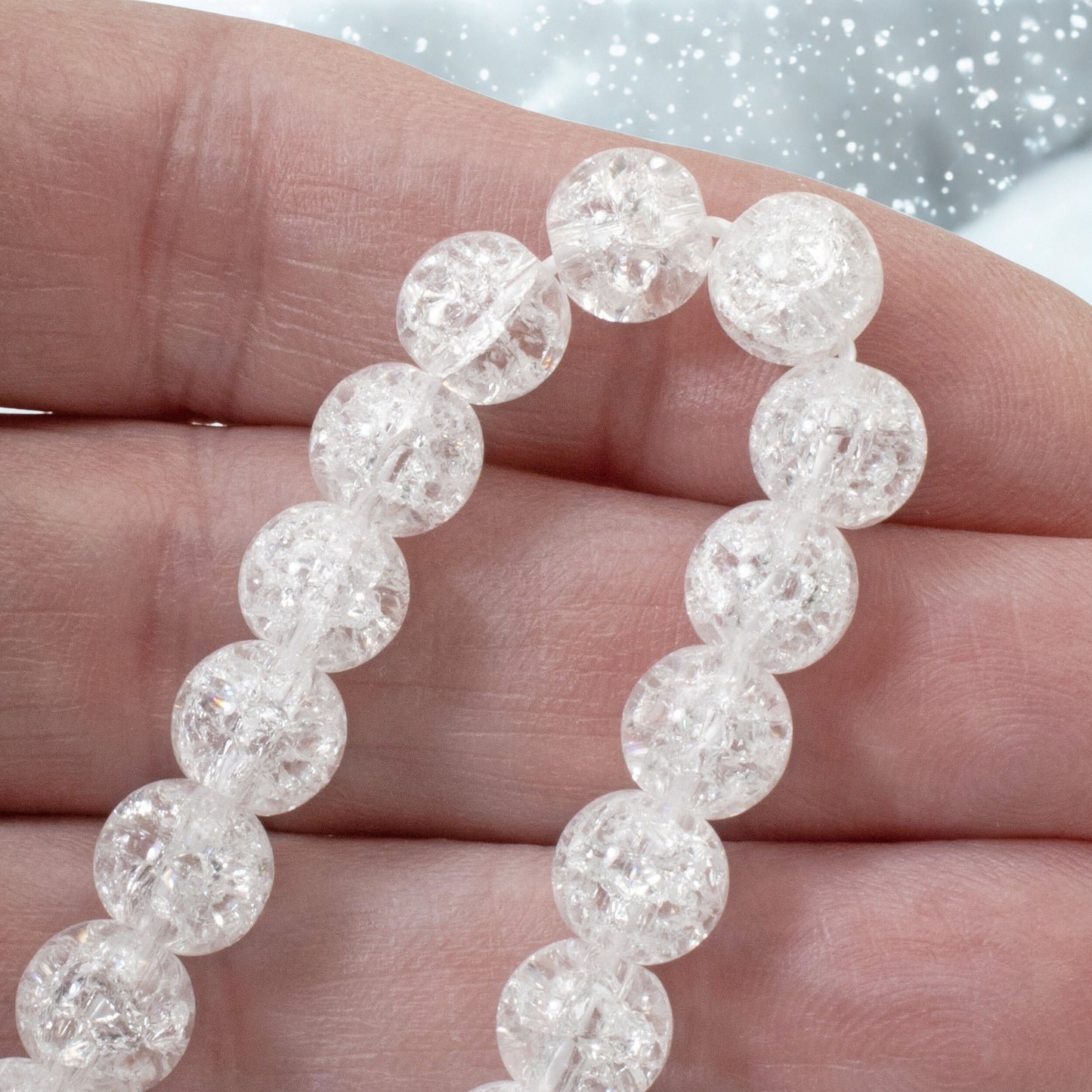 Winter Glass Beads, 8mm White Crackle Beads, Holiday Christmas Ornament DIY