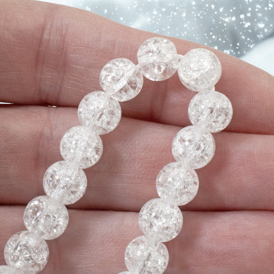 Winter Glass Beads, 8mm White Crackle Beads, Holiday Christmas Ornament DIY