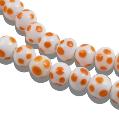White Orange Polka Dot Beads: Indonesian Lampwork 8mm Round Halloween Fall 50Pcs