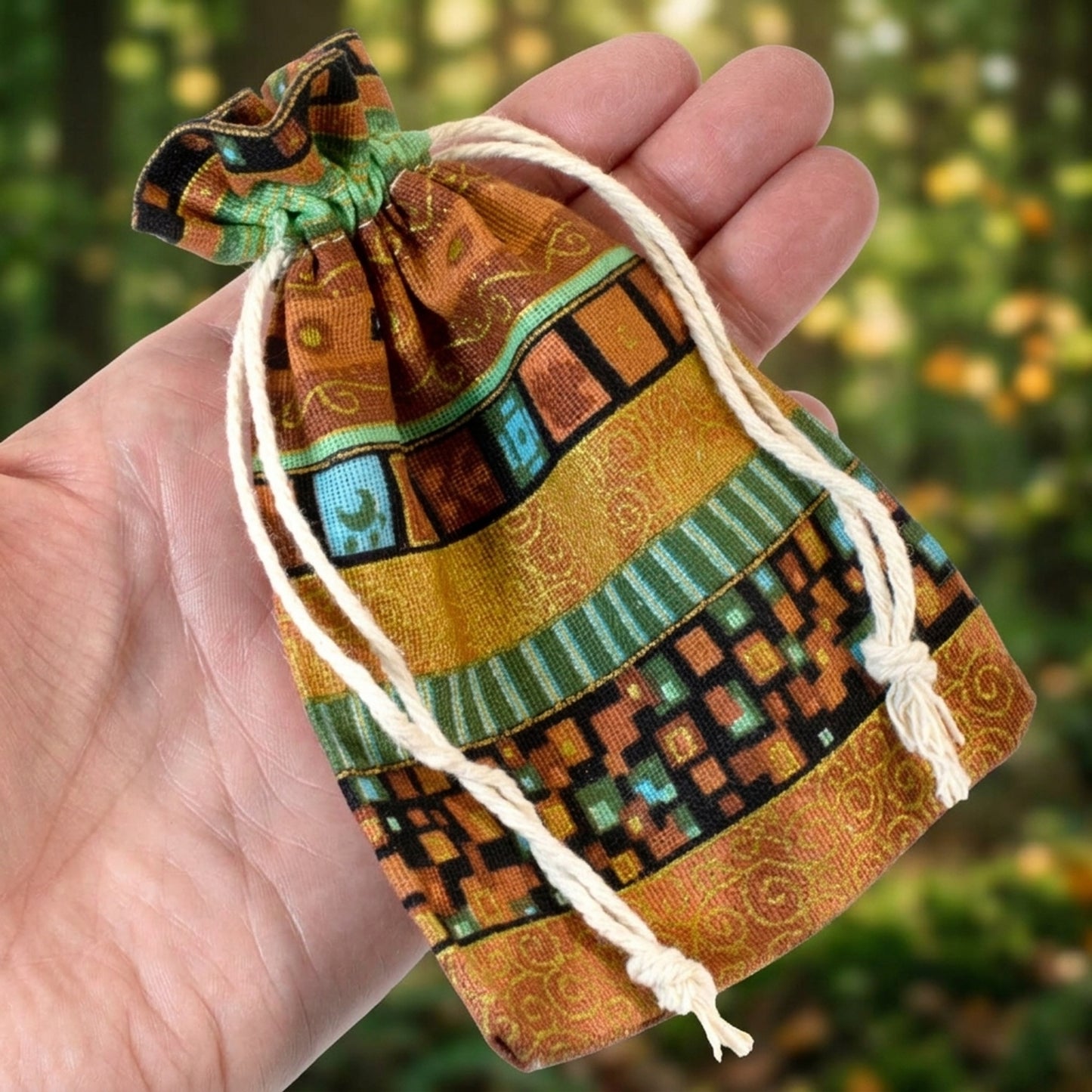 10 Ethnic Earthy Drawstring Fabric Pouches, Bohemian Cloth Bags, Reusable 4"x5"