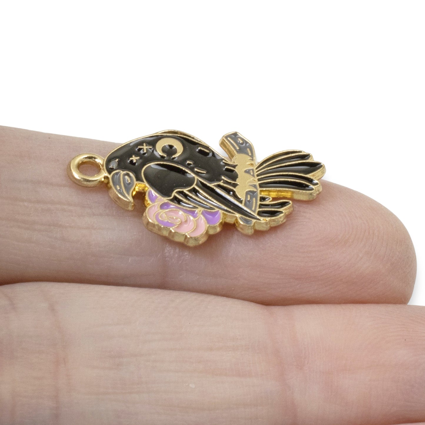 4-Pack Gothic Raven Charms Set, Black & Pink Enamel Pieces for Jewelry Crafting