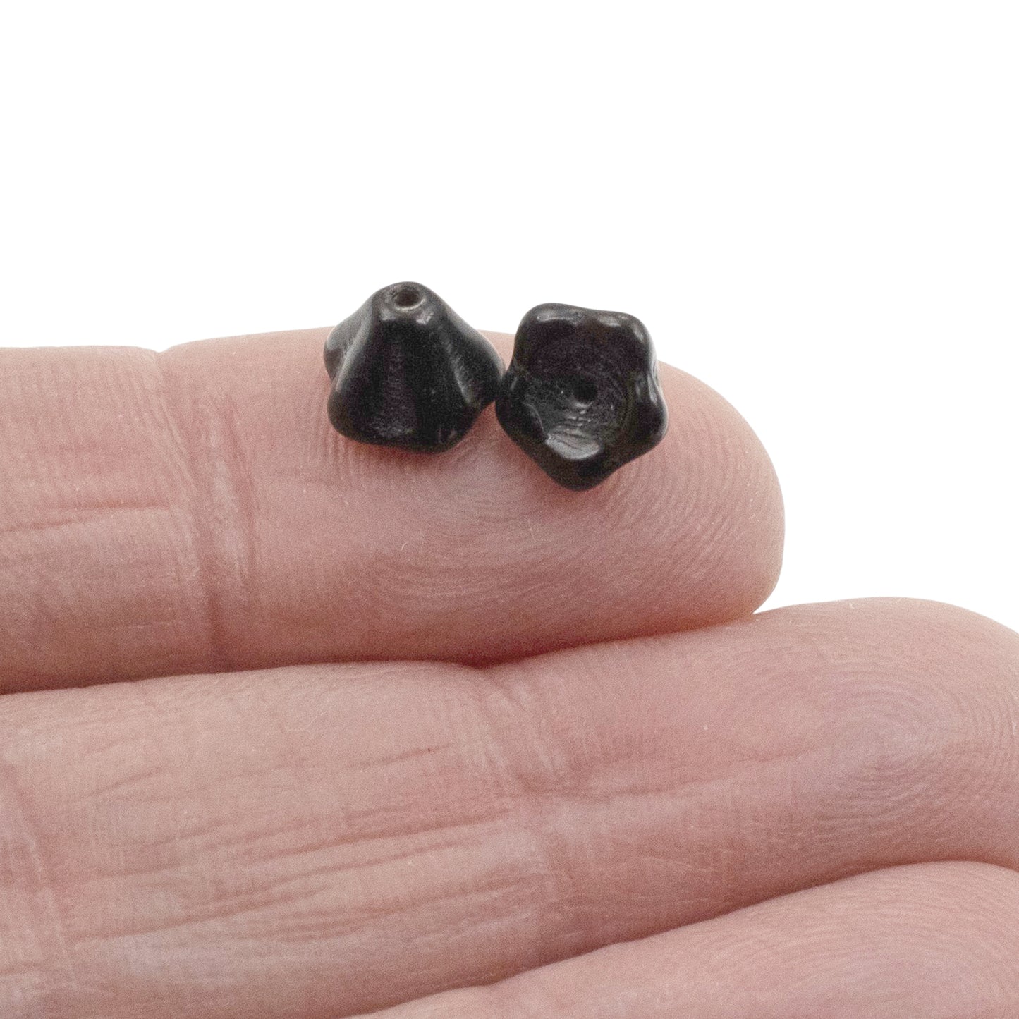 Jet Black Bell Flower Beads: Czech Glass 6x8mm 50-Pack for Jewelry Making