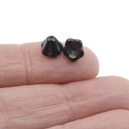 Jet Black Bell Flower Beads: Czech Glass 6x8mm 50-Pack for Jewelry Making
