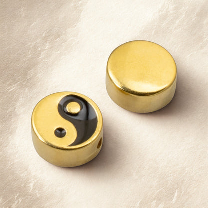 Yin Yang Beads, 2Pc 24k Gold Plated + Black Enamel, Meditation Balance Symbol