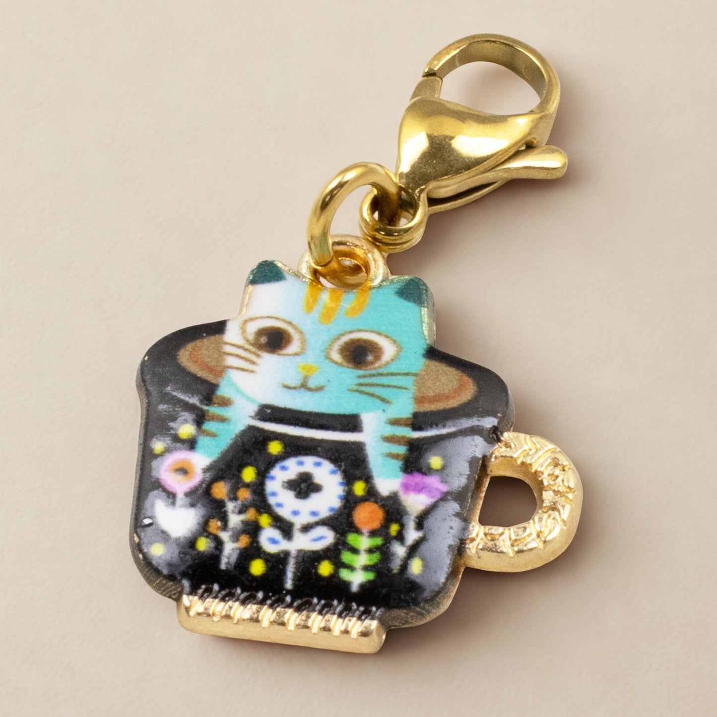 Whimsical Gold-Plated Enamel Cat in Teacup Charm - Clip-on Handbag Accessory