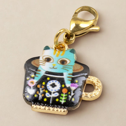 Whimsical Gold-Plated Enamel Cat in Teacup Charm - Clip-on Handbag Accessory
