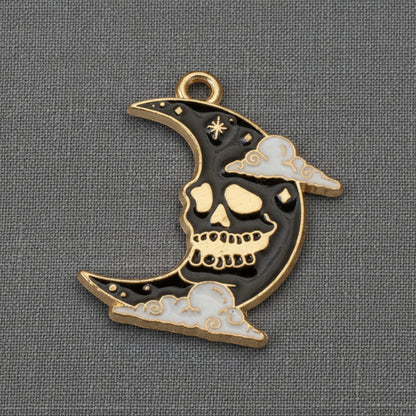 Skull Moon Charms 4-Pack, Gothic Black Gold Enamel Pendants Halloween Jewelry