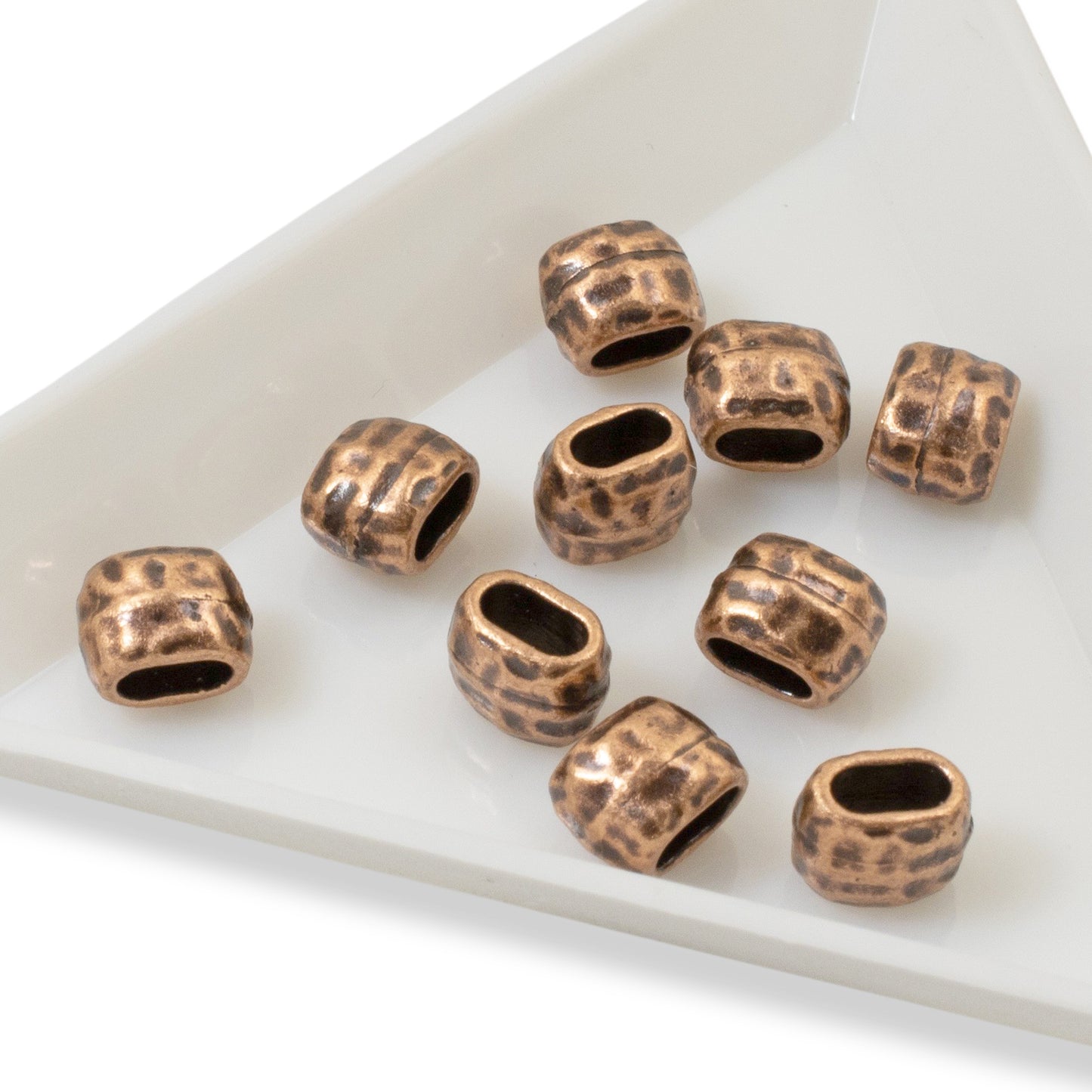 10 Antique Copper Hammered Barrel Leather Crimp Beads, 4x2mm Hole Size