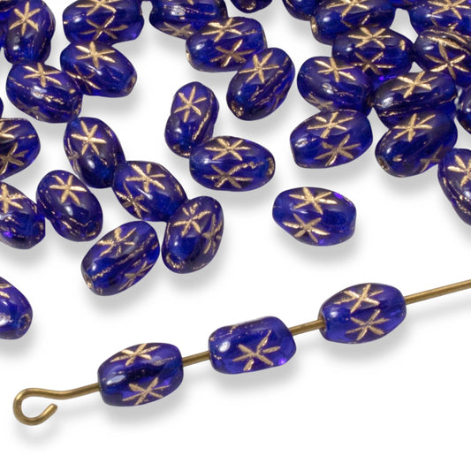 100pcs Cobalt Blue Czech Glass Rice Beads, 6x4mm, Gold Celestial Star Design