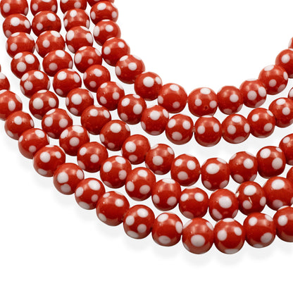 Red with White Dots Lampwork Glass Beads, Handmade Indonesian, 8mm 17" Strand
