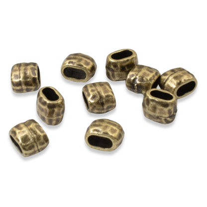 10 Antique Brass Hammered Barrel Leather Crimp Beads, 4x2mm Hole Size, TierraCast