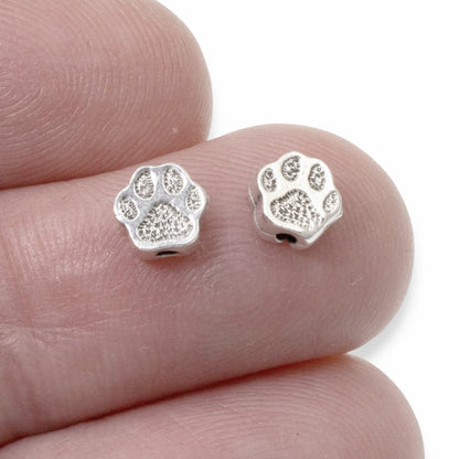 10 Silver Paw Print Beads, TierraCast Designed - Dog Pet-Themed Jewelry Crafting