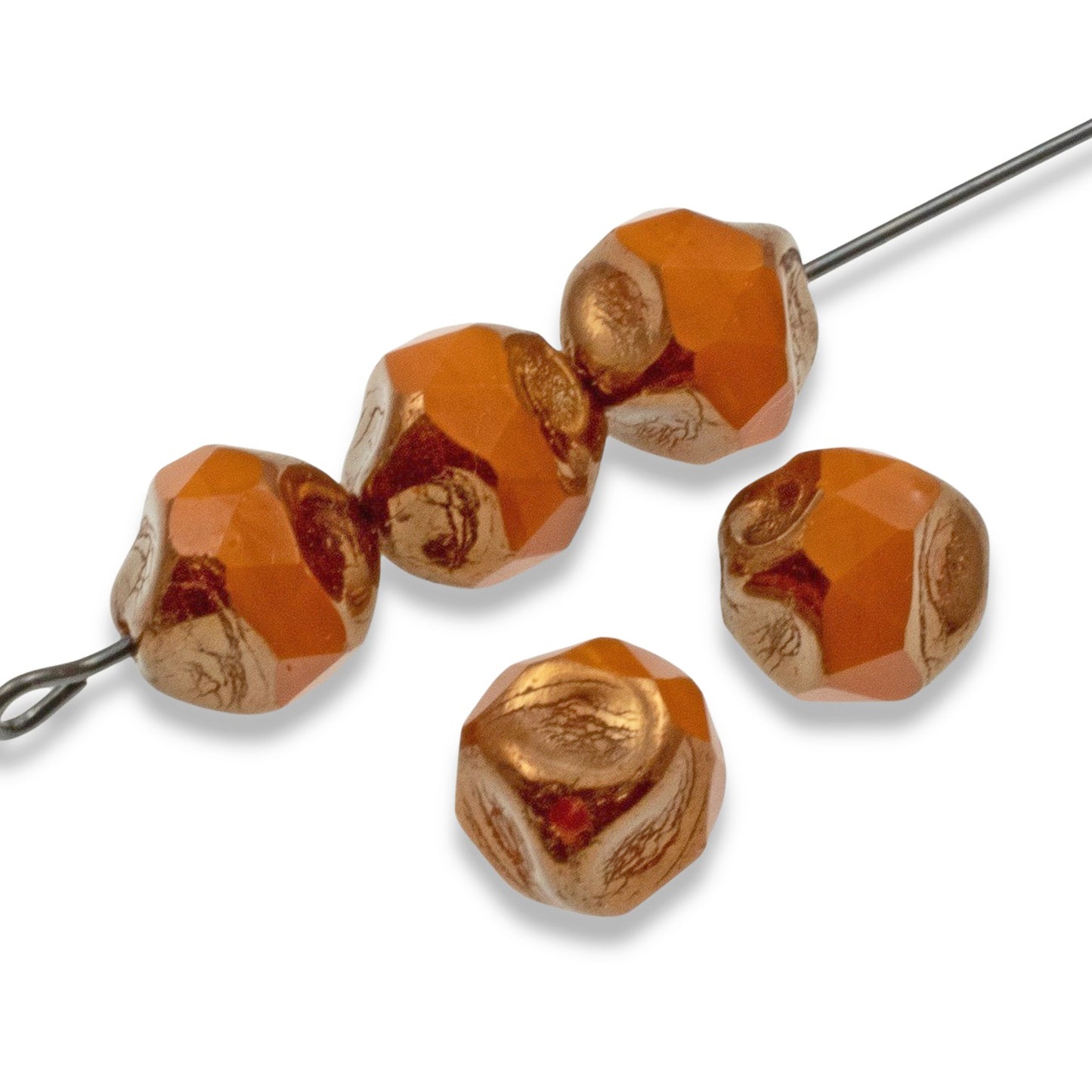Orange Opaline + Bronze Finish 9mm Baroque Central Cut Czech Glass Beads, 10Pcs