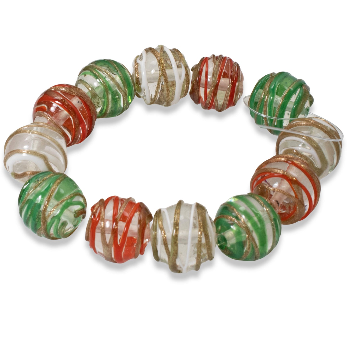 Set of 12 Christmas Lampwork Beads, Red, Green, White Swirl, 12mm Round