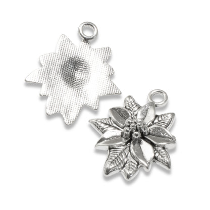6 Silver Poinsettia Pendants - Festive Christmas Charms - Holiday Jewelry Making