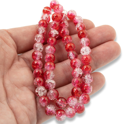 50 Red, Dark Pink & Clear 8mm Crackle Beads, Ombre Glass for DIY Jewelry Making