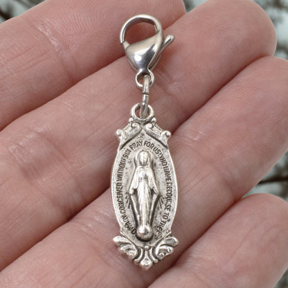 Miraculous Medal Clip On Charm: Silver Virgin Mary Catholic Jewelry Gift