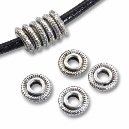 Antique Silver Spacer Beads 6mm Line Edge Large Hole Leather Cord 10-Pack USA