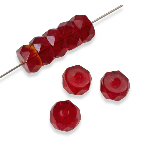 50 Firepolished Rondelle Beads - Transparent Red - 8mm Faceted Czech Spacers