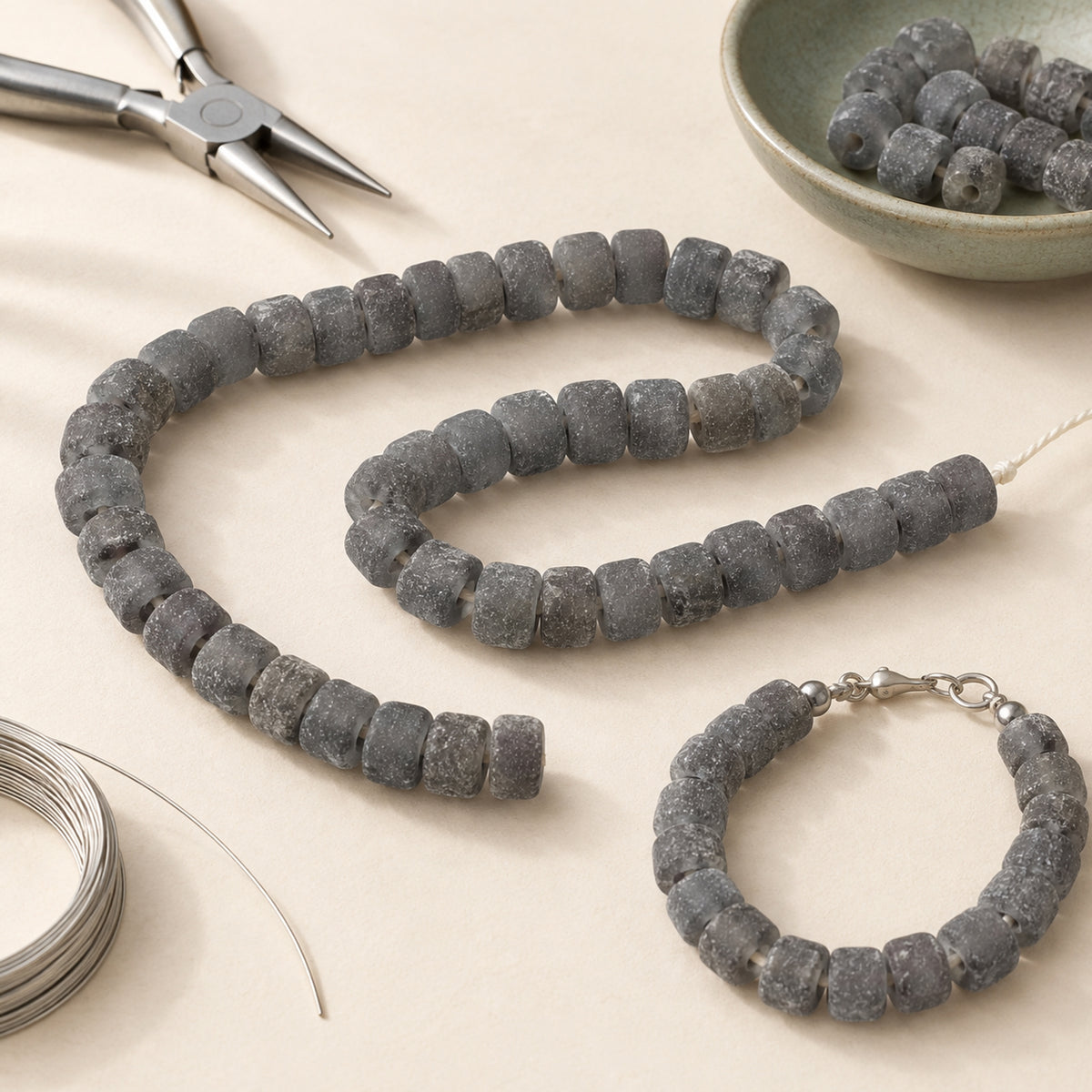Gray Weathered Glass Beads, Recycled Rondelle Strand, Sustainable Jewelry Making, Eco Friendly Beads
