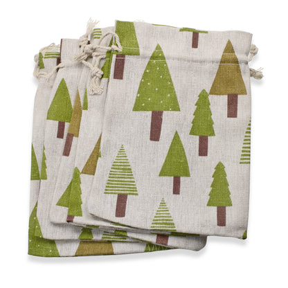 Woodland Tree Drawstring Bags: Rustic Christmas Winter Gift Pouch 5x7 5-Pack