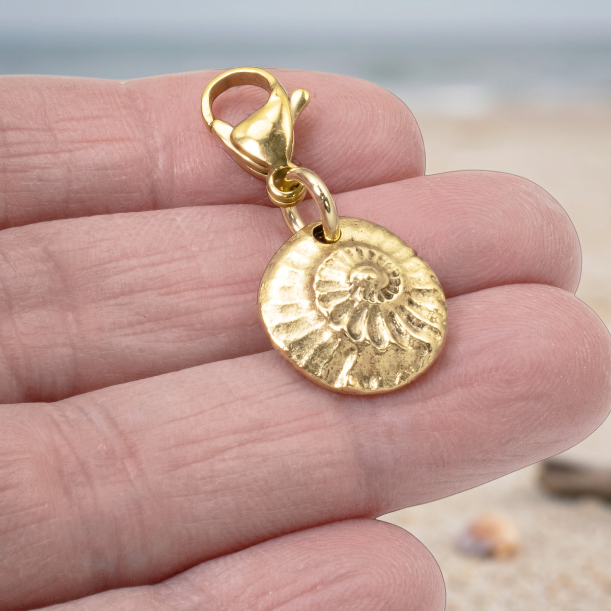 Gold Spiral Shell Clip-On Charm, 24k Gold Plated Pewter, Lobster Clasp