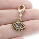 Blue Crystal Evil Eye Clip-on Charm, Vintage Brass Finish, Purse & Jewelry Bling