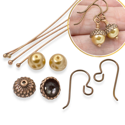 Gold Acorn DIY Earring Kit, Autumn Jewelry-Making, Hypoallergenic Niobium Hooks