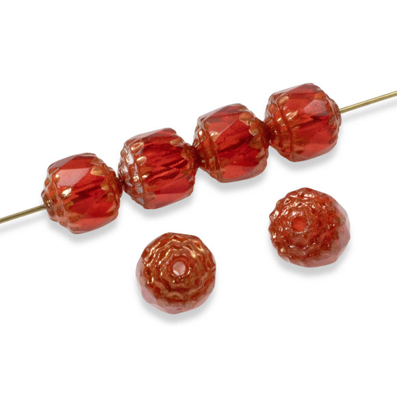 12 Faceted 8mm Crown Cathedral Beads - Siam Red + Bronze Ends - Czech Glass