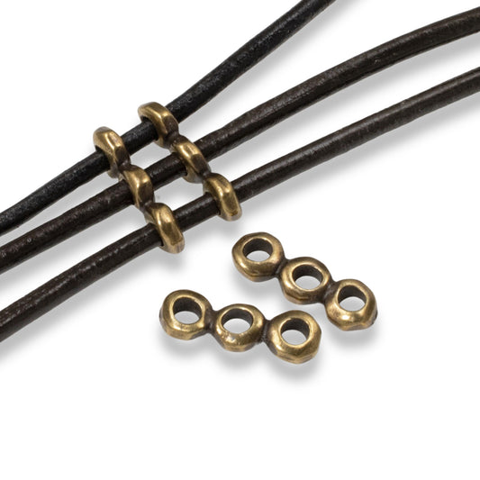 4 Antique Brass Nugget 3 Hole Bars 5mm, TierraCast Spacers for Multi-Strand Jewelry Making with Leather Cord