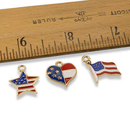 USA Flag Charm Set - 6-Pack Heart, Flag & Star Charms, Patriotic Jewelry, Crafts