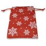 5 Red + White Snowflake Fabric Drawstring Bags, Christmas Cloth Pouches