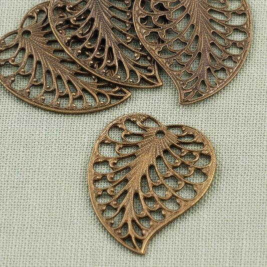 Filigree Leaf Charms: Natural Brass Vintaj Open Lace Earring Drops 4-Pack