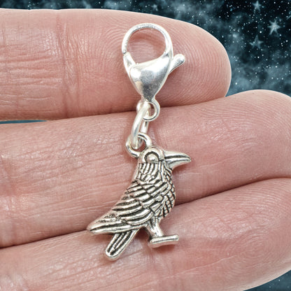 Raven Clip-On Charm: Silver Fall Halloween Bird Wildlife Nature Accessory