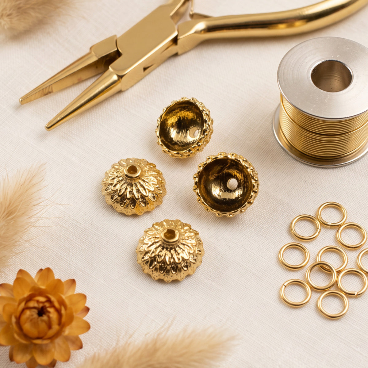 Gold Acorn Bead Caps, 24K Plated TierraCast Design for Autumn Jewelry 4-Pack