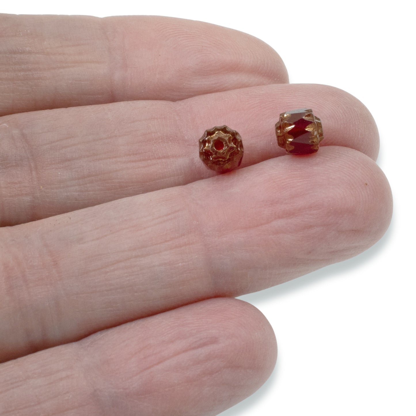 25 Faceted 6mm Crown Cathedral Beads - Garnet Red + Bronze Ends - Czech Glass