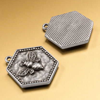 Silver Hexagon Bee Charm: 2Pc Medallion Pendants, Spring Garden Jewelry Making, Nature Earrings