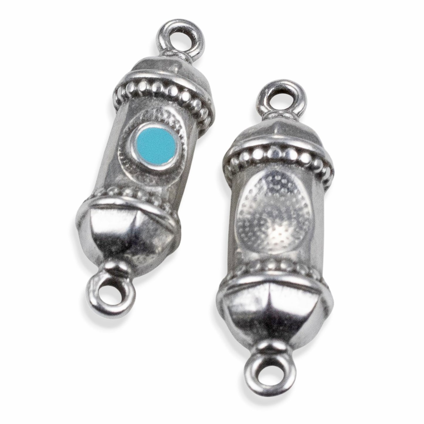Silver Prayer Amulet Pendant 2Pcs, Antique Deco Connector with Aqua Enamel, Spiritual Jewelry Supply